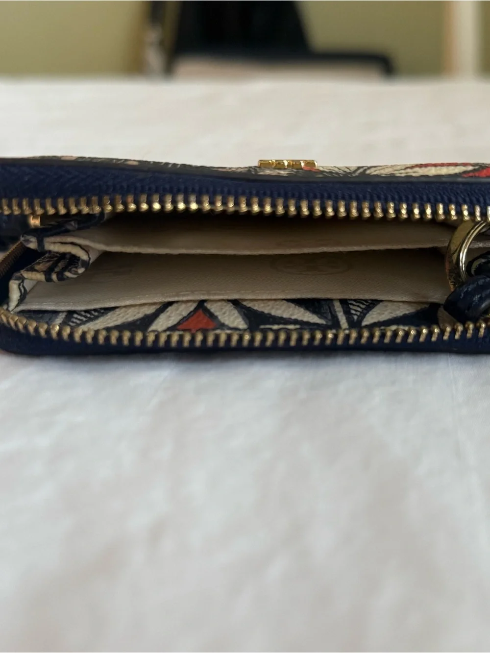 Tory Burch Black Kerrington Geometric Floral Patchwork Leather Zip Wallet Clutch